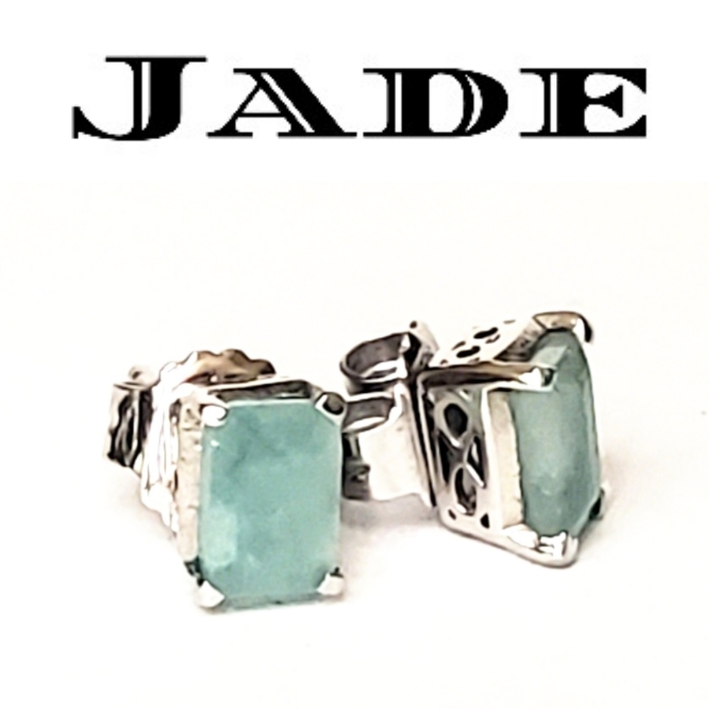 Sold Green Earrings - Jade Rectangular Cushion Cut Sterling Stud Earrings